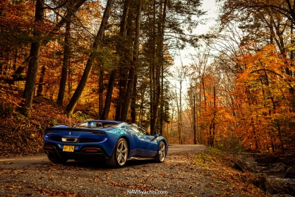The Ferrari 296 GTS in Blu Corsa, ready for an unforgettable journey from New York City.