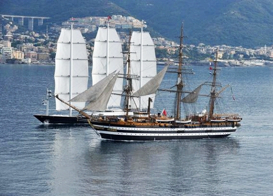 The Maltese Falcon, with the Amerigo Vespucci have officially inaugurated the Genova Boat show