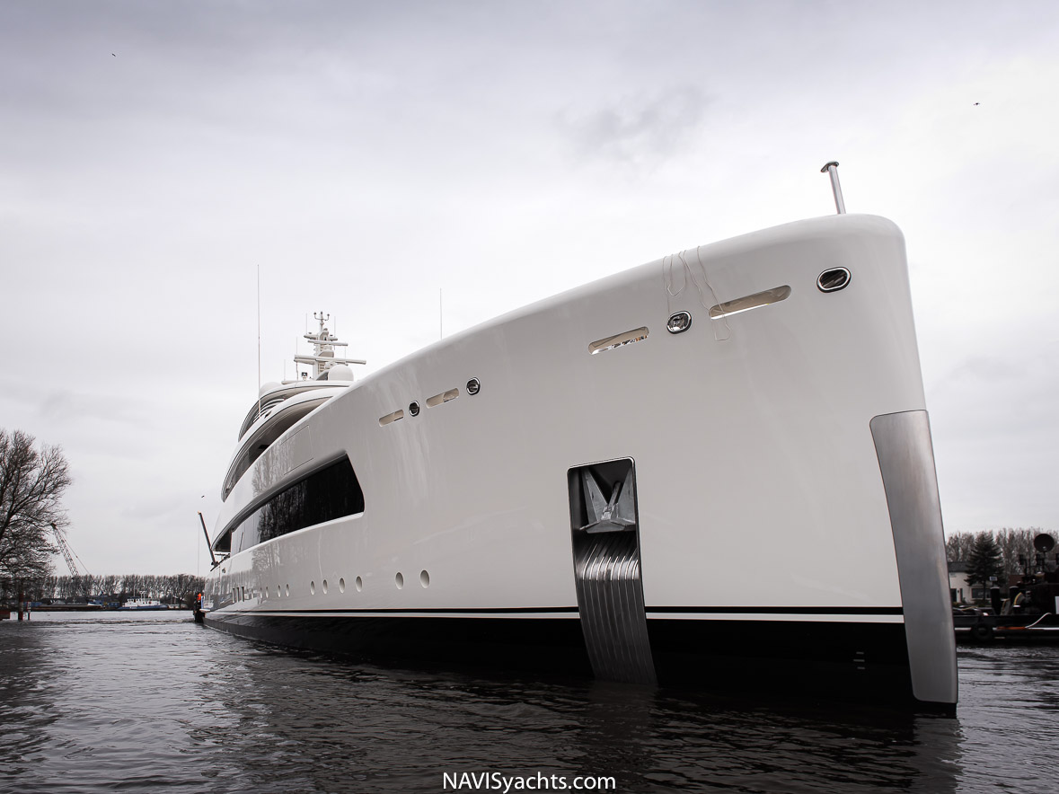 Stunning image of Project 823, Feadship's 67.40-metre superyacht, showcasing its bold exterior and elegant design elements