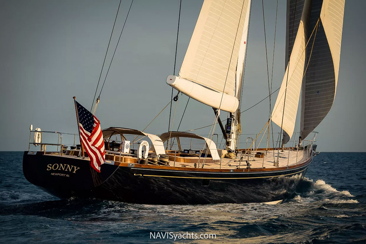onny III luxury yacht sailing on calm seas, showcasing its sleek design and cutting-edge racing package.
