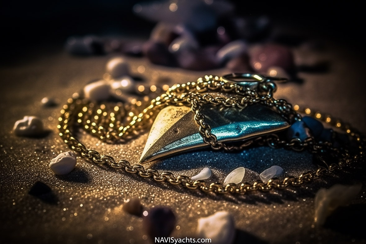 An ancient Megalodon tooth necklace found in the wreckage of the RMS Titanic, depicting the intersection of prehistoric marine life and human history.