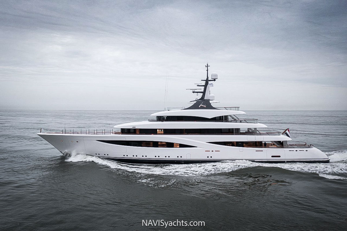 Shinkai, the robust explorer yacht from Feadship, equipped with state-of-the-art navigation systems, cruising through icy waters.