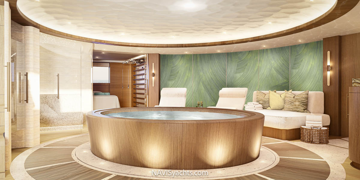 The luxurious Japanese-inspired wellness area on the lower deck of MY Sparta, featuring an elliptical whirlpool, steam room, sauna, and gym