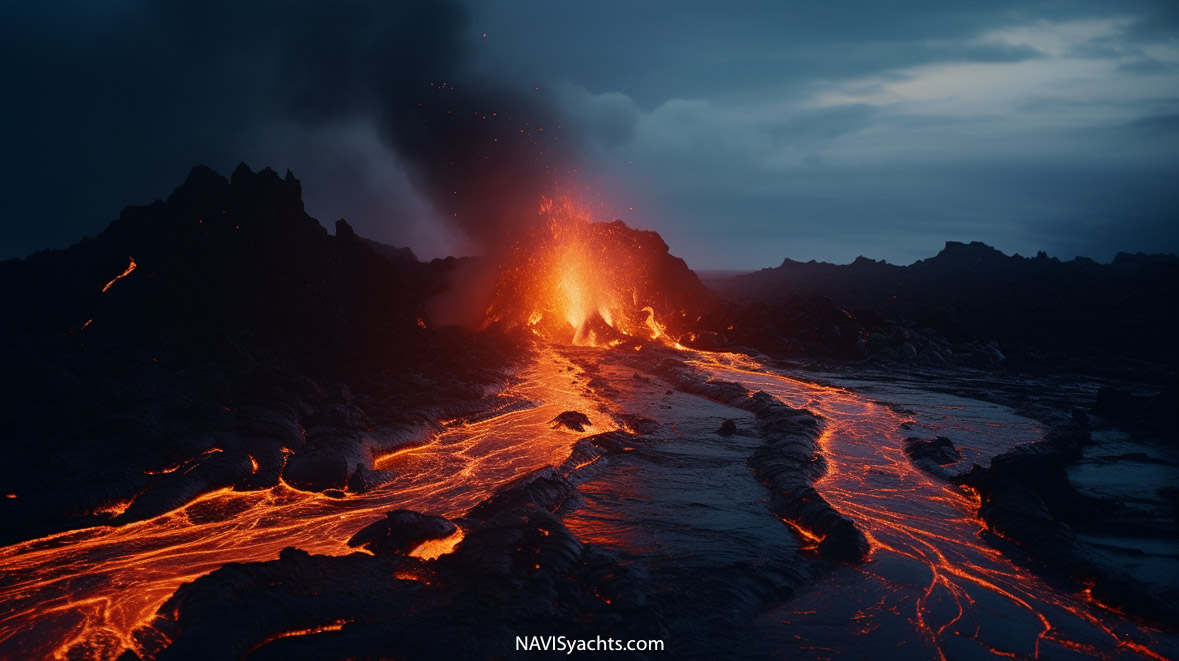 Aerial view of the recent volcanic eruption on Iceland's Reykjanes Peninsula, showcasing the magma fountains and lava flow