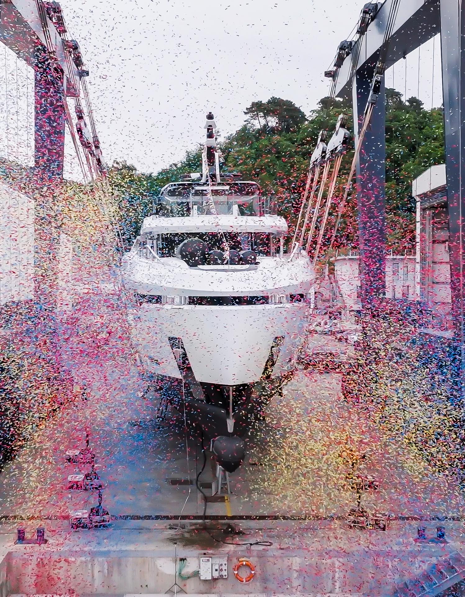 NAVIS Writer Custom Gem  Show thinking The 40-metre Baglietto DOM133 superyacht 'Andala' during its launch ceremony at the La Spezia shipyard, being lowered into the water.