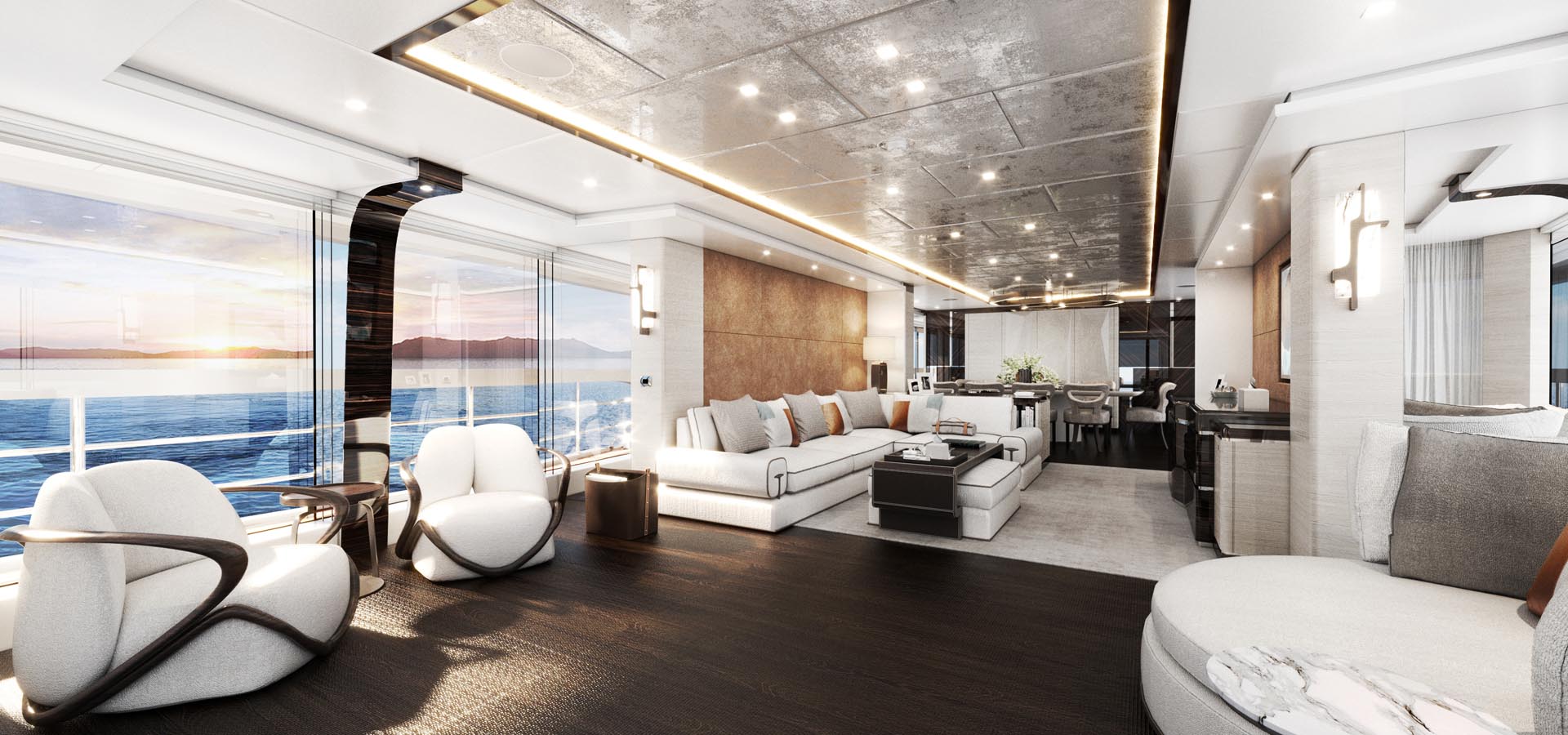 Luxurious main salon of the Heesen superyacht ORION, highlighting the sophisticated interior by Cristiano Gatto Design with Italian marble and high-gloss wood finishes.