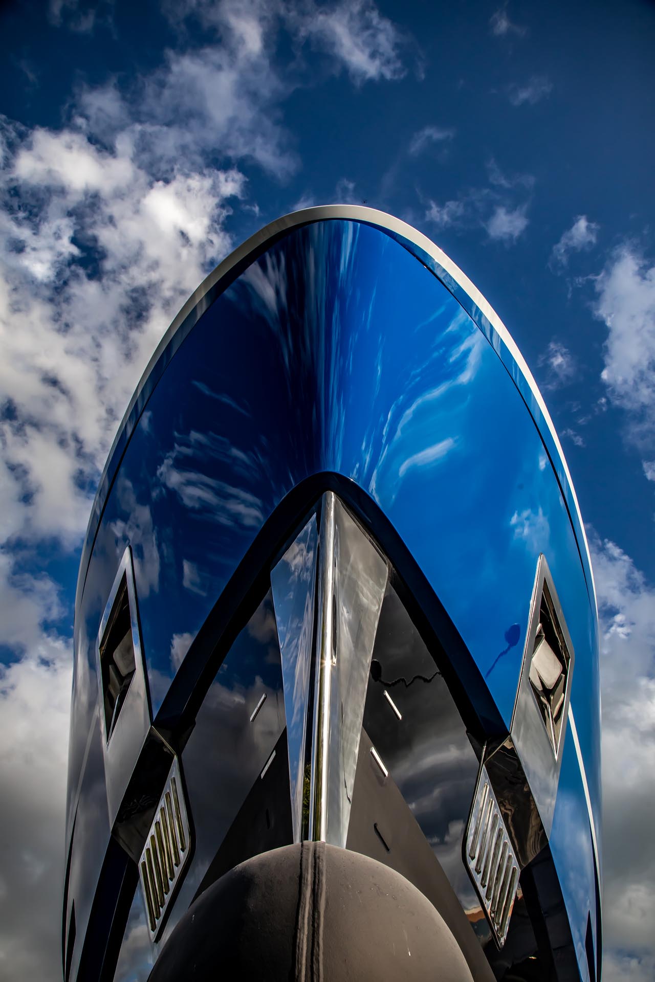 The striking cobalt blue hull of the new Baglietto DOM133 superyacht, Sui Generis, as featured in NAVIS superyachts magazine.