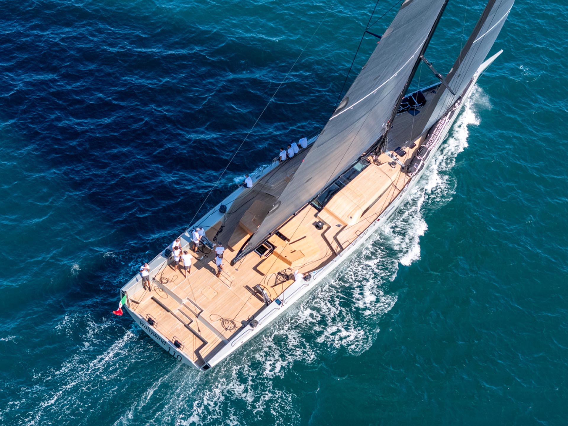 The second wallywind110 sailing yacht with its sand-grey hull, as featured in NAVIS superyachts magazine.