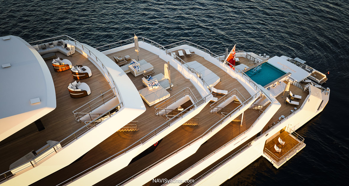 Renaissance yacht beach club with panoramic sea views, bar, and water toys ready for launch