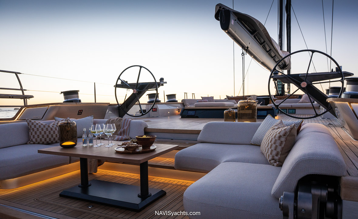 Southern Wind 108 Kalantis sailing yacht at sea, showing the sleek carbon hull, twin helms, and performance-focused deck layout