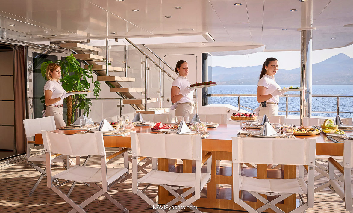 Mariotti superyacht Persefoni at anchor in the Mediterranean, showing the 53.8-meter exterior profile and elegant multi-deck design