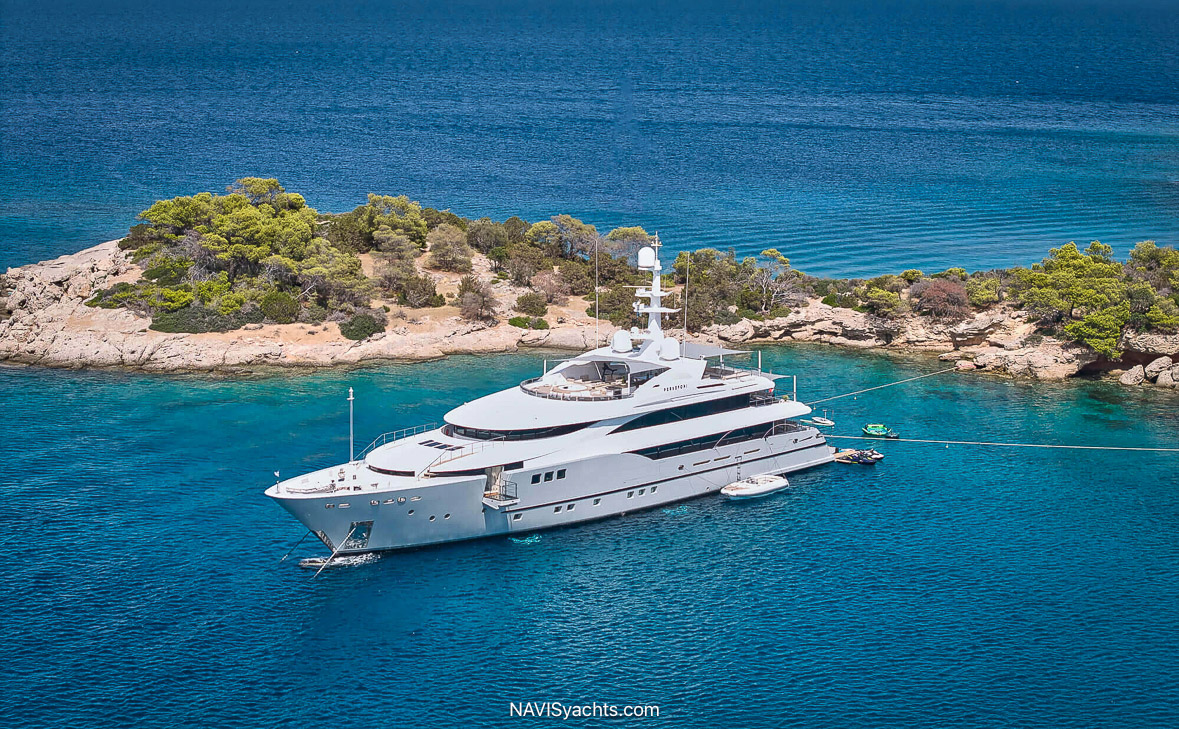 Mariotti superyacht Persefoni at anchor in the Mediterranean, showing the 53.8-meter exterior profile and elegant multi-deck design