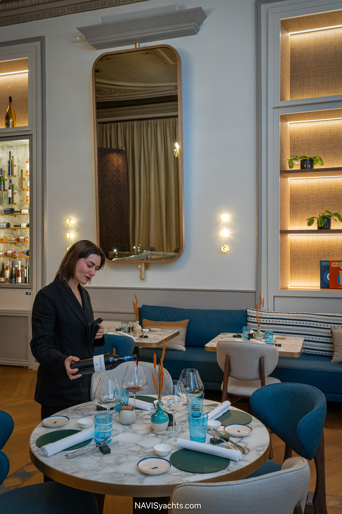 NEORA St. Moritz dining room with Aegean-inspired interior design