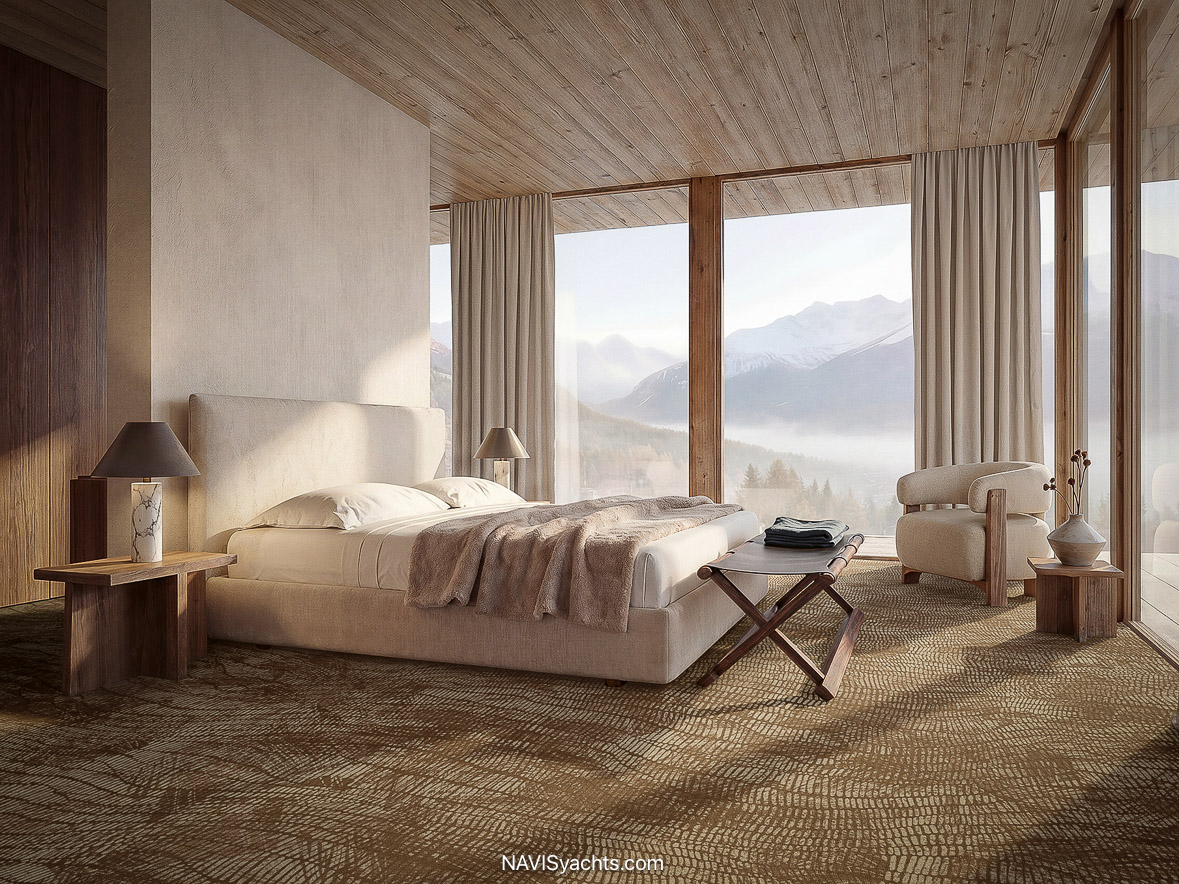 Custom-made carpet fitted to the curved geometry of a luxury yacht interior