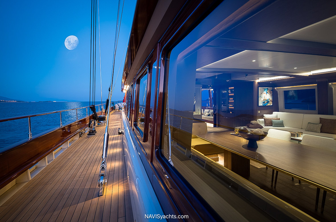 Main salon aboard Ares Yachts Simena featuring luxury interiors by Design Unlimited