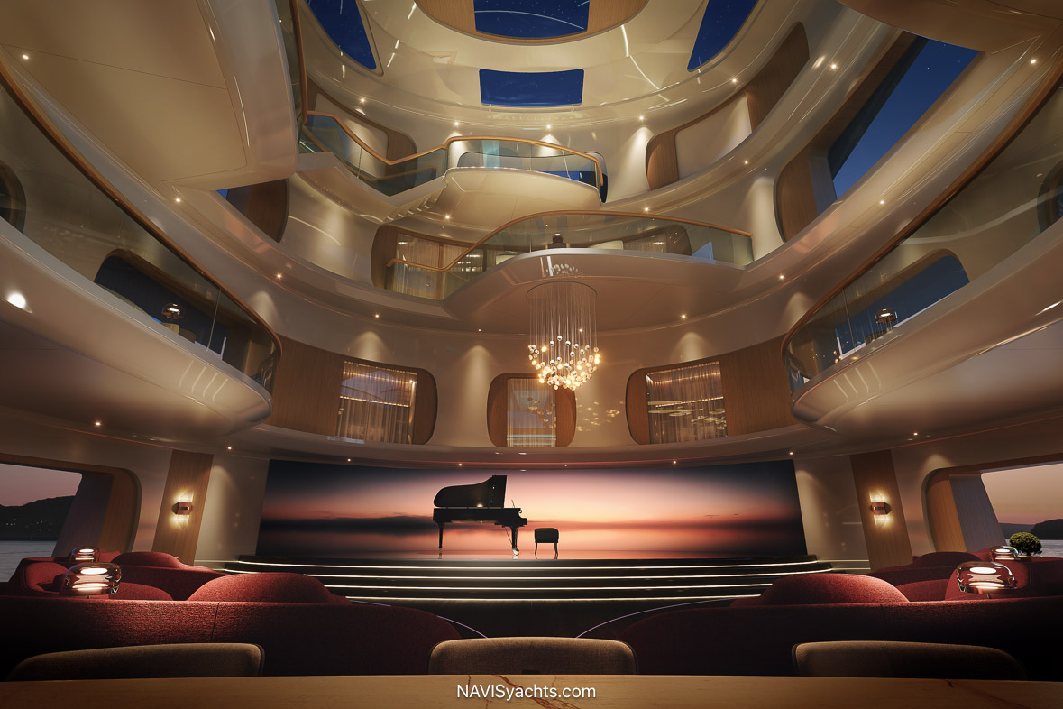 Four-deck central atrium and auditorium inside the 115-metre Feadship HIVE
