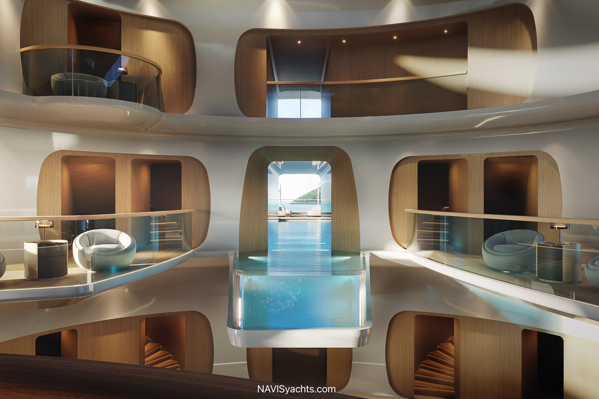 Suspended glass-bottomed infinity pool on the owner's deck of Feadship HIVE