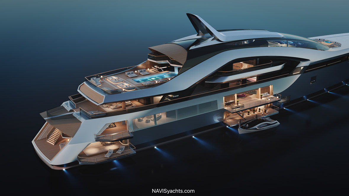 Aerial view of Feadship HIVE showing her low-profile superstructure and extensive glazing