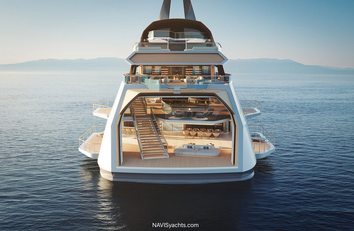 Two-storey beach lounge and water-level terraces aboard Feadship HIVE