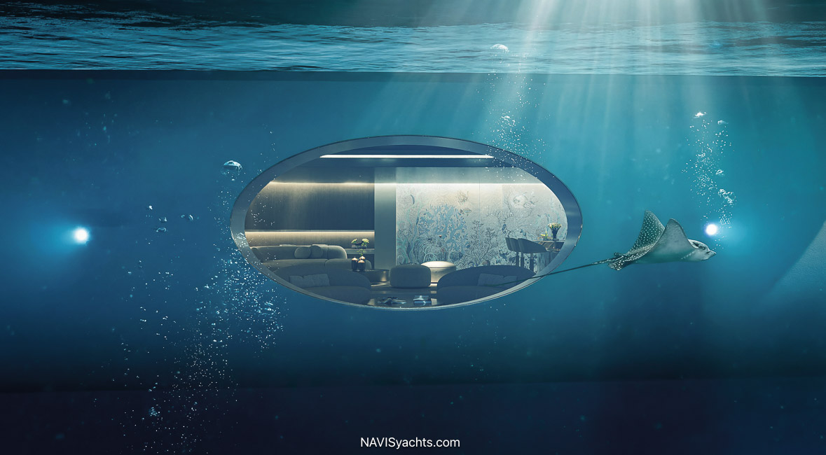 Underwater lounge and panoramic underwater window aboard Feadship HIVE