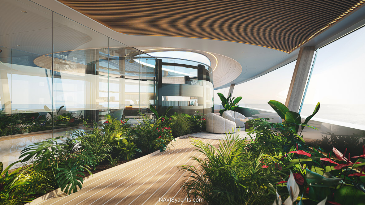 Circular glass-enclosed library and private garden aboard Feadship HIVE
