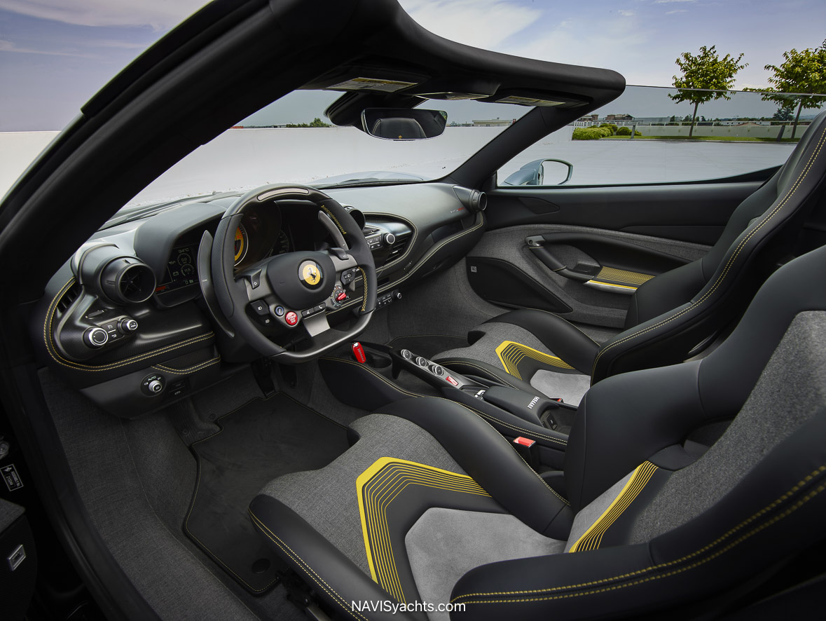 Ferrari HC25 bespoke interior featuring grey technical fabric and yellow design accents