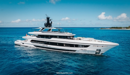 The 52-meter Baglietto motor yacht Daybreak at sea, highlighting its sleek exterior lines by Francesco Paszkowski and the innovative three-level beach club with an open stern.