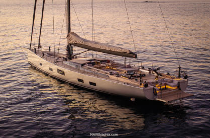 Southern Wind 108 Kalantis sailing yacht at sea, showing the sleek carbon hull, twin helms, and performance-focused deck layout