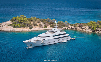 Mariotti superyacht Persefoni at anchor in the Mediterranean, showing the 53.8-meter exterior profile and elegant multi-deck design